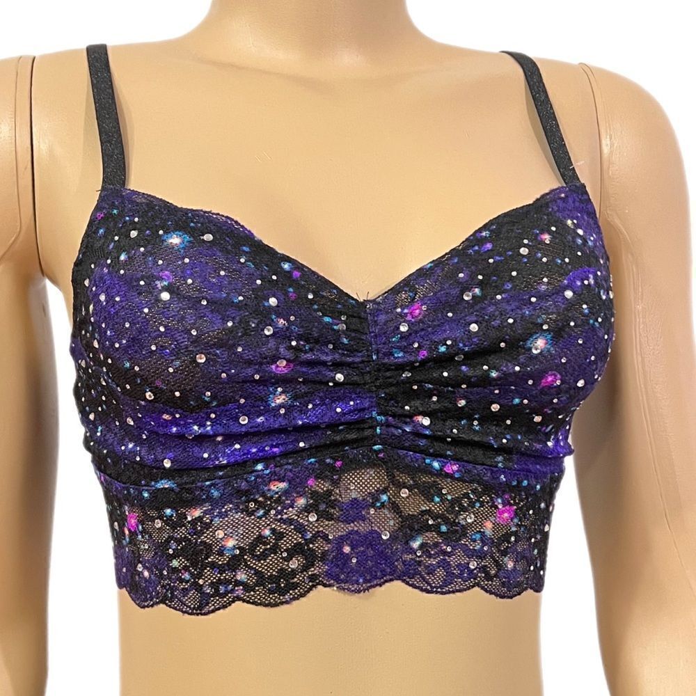 Victorias Secret Pink Bling Stones Ruched Lace Bralette bra blue multicolor S